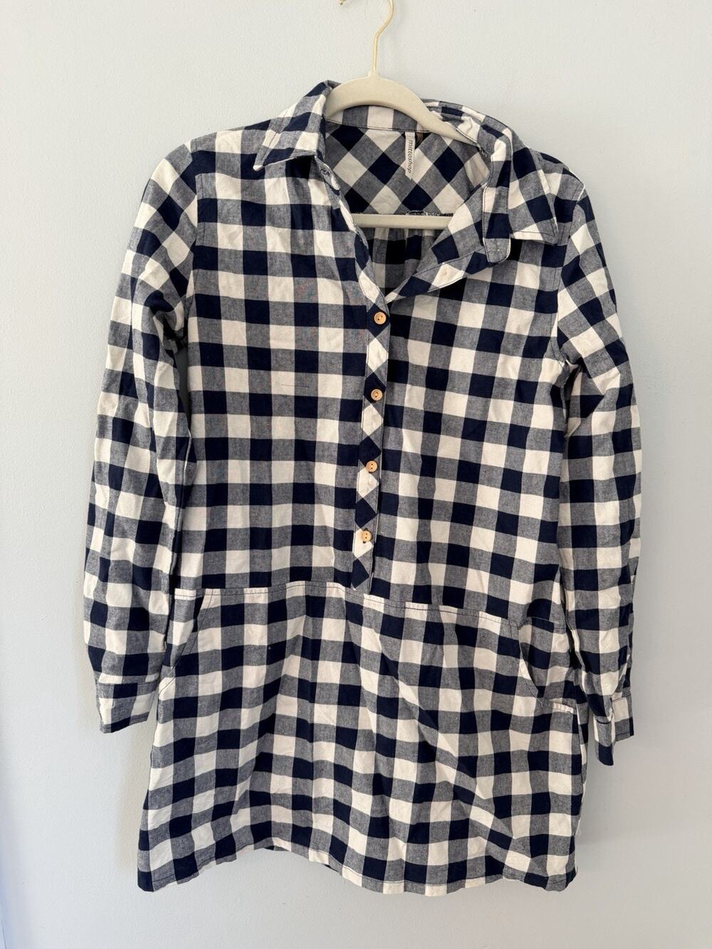 Mittoshop Gingham Babydoll Mini Dress Navy & White Long Sleeve Large